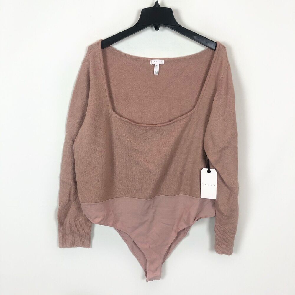NWT Leith Long Sleeve Square Neck Sweater Bodysuit Pink Adobe Women's Plus 3X
